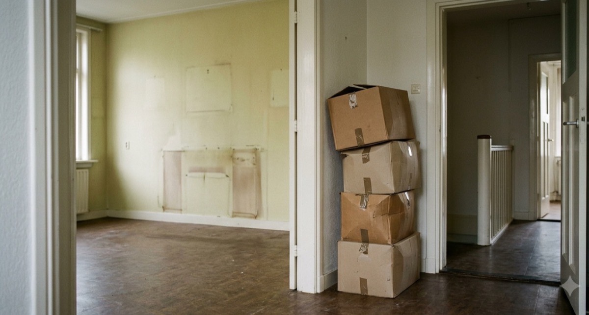 Leeggehaalde woning met dozen