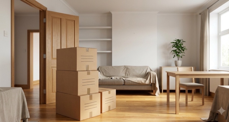 Woning leeghalen, dozen klaar om af te voeren